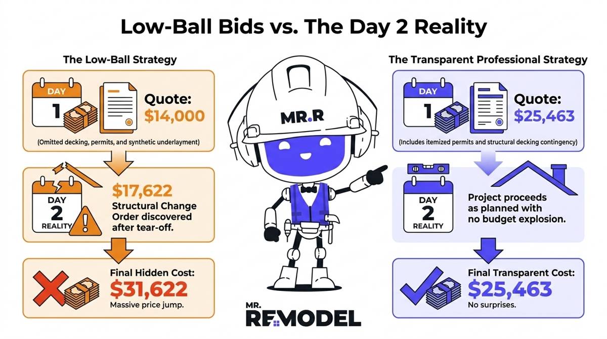 A 2026 roofing cost summary infographic illustrating how low-ball bids lead to expensive change orders compared to transparent, itemized professional quotes.